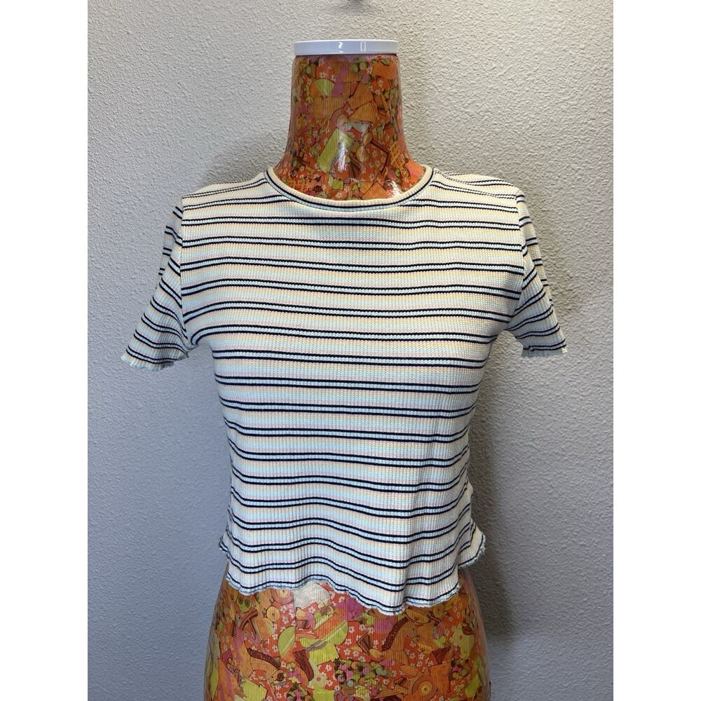 Pull & Bear Women’s Striped Ribbed Cropped Tee Shirt Short Sleeve Size L
